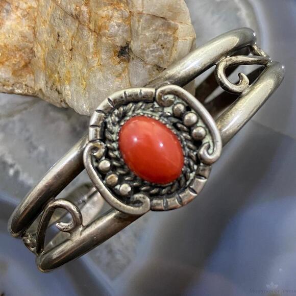 Jewelry - Vintage Native American Silver Oval Coral Decorated Bracelet For Women